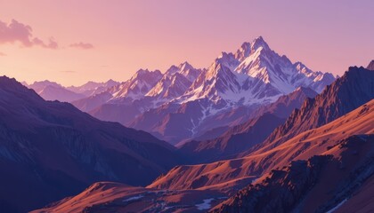 Majestic alpine panorama at sunset, snow-capped peaks glowing under a serene golden and pink sky, capturing the breathtaking beauty of a rugged mountain range at twilight