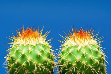 Two vibrant green cacti with orange-red floral tops against a bright blue background