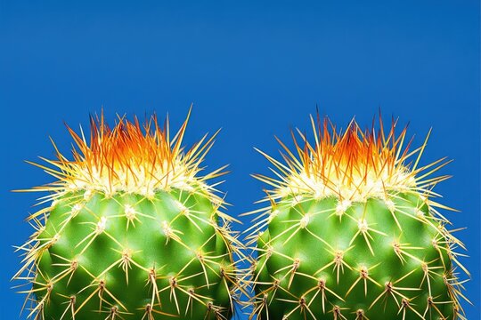 Two vibrant green cacti with orange-red floral tops against a bright blue background