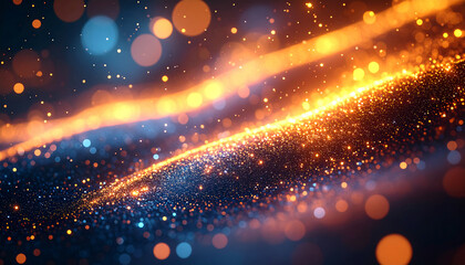 Dynamic abstract glowing particles swirl in vibrant golden and blue light creating a magical, energetic, and futuristic cosmic wave effect perfect for celebrations and technology themes