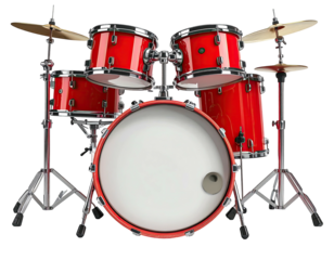 Vivid red drum set with cymbals, stands, and glossy finish, on black background