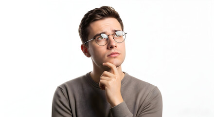 Contemplative Young Man Ponders Creative Solutions for Business Success in Modern Workspace Insightful Thinker Navigating Challenges with Analytical Approach Idea Generation