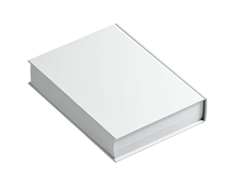 A closed, hardcover book with blank white covers, slightly angled on a black backdrop