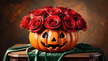 jack o lantern, red roses in a pumpkin-shaped vase Halloween 
