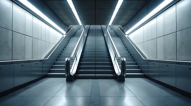 Empty modern subway station with parallel escalators and stairs