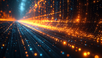 Fototapeta premium Dynamic data stream flows with vibrant orange and electric blue lights creating a sense of digital innovation and futuristic connectivity
