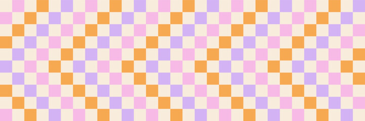 Abstract funny Y2K-style seamless pink, orange and purple background. A retro checkerboard pattern with a groovy vibe, perfect for graphic design projects and textures.