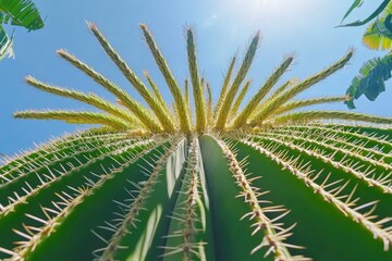 Close-up view of a large, spiky cactus, radiating outward from the center