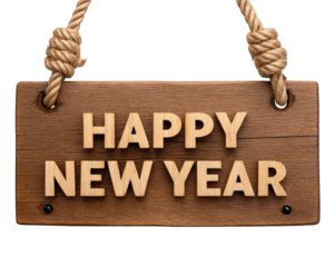 Joyful happy new year greeting on rustic wooden sign. festive holiday celebration with text hanging from rope, conveying cheerful and welcoming message