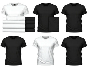 Array of white and black crew neck t-shirts, stacked, folded and unfolded