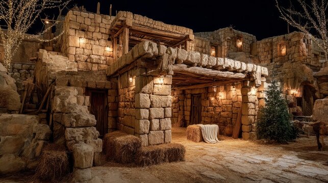 Peaceful christmas nativity scene in bethlehem featuring the stable with holy family, warm glowing lights, and starry night sky symbolizing the birth of jesus and the spirit of christmas celebration