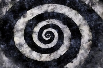 Abstract spiral design, dark and light gray concentric circles, textured
