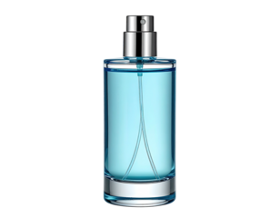 Cylindrical perfume bottle filled with light blue liquid, silver cap and base
