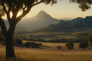 Panoramic vista of a valley at sunrise. Lush landscape with a large tree, hills, and a village nestled in the valley