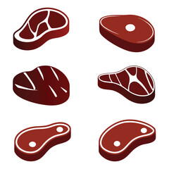 Six stylized raw beef steak icons with white marbling and bone details meat food