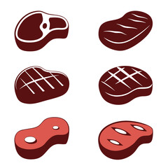 Six stylized raw meat steaks with grill marks and bone cutouts food beef