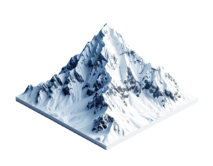 Isometric view of a detailed, snow-covered mountain peak with a black background