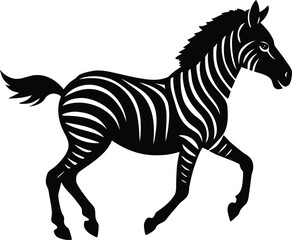 A cute cartoon zebra vector illustration isolated on white with black stripes in profile for wildlife and zoo