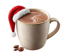 Cozy hot chocolate cup with festive Santa hat, warm holiday beverage for cheerful Christmas. This sweet drink with coffee bean isolated for easy design and concept
