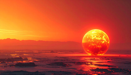 Fototapeta premium Fiery solar eclipse over desolate alien landscape bathed in intense orange light, evoking cosmic wonder and extreme environments for sci-fi and exploration themes.