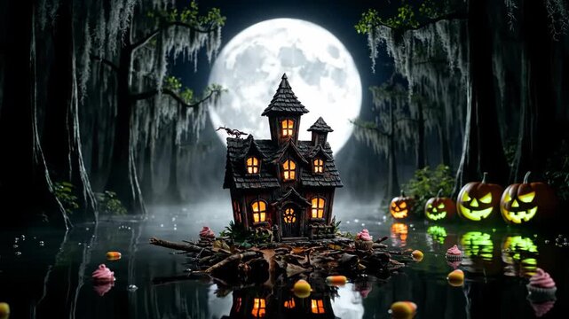 Haunted House and Pumpkins Float in Spooky Swamp, Halloween Night