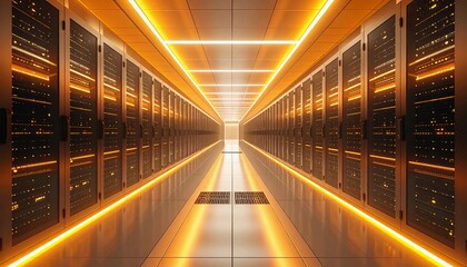 Captivating server room with glowing orange lights and rows of futuristic data cabinets, symbolizing innovation, technology, and digital infrastructure power