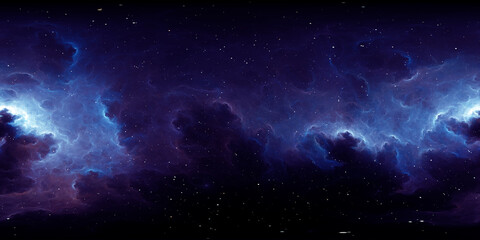 360 degree space nebula. Giant interstellar cloud with stars, equirectangular projection, environment map. Spherical panorama. 3D rendering, Fractal image