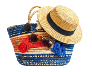Beach bag with straw hat, sunglasses, and colorful tassels against a transparent background