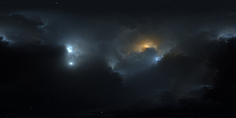 360 degree space nebula. Giant interstellar cloud with stars, equirectangular projection, environment map. Spherical panorama. 3D rendering, Fractal image