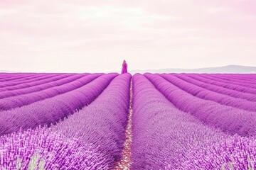 Woman in vibrant purple dress amidst a vast lavender field