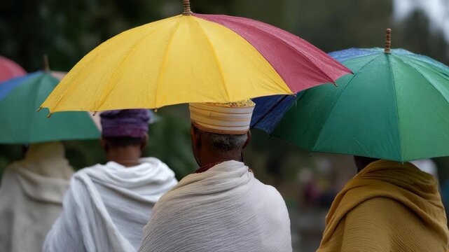 A lively procession under colorful umbrellas in the rain illustrates community vibrance, resilience in challenging weather, and the joyful spirit of togetherness amidst nature's elements.