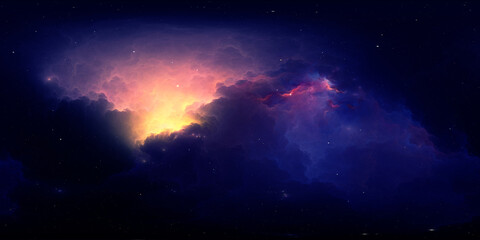 360 degree space nebula. Giant interstellar cloud with stars, equirectangular projection, environment map. Spherical panorama. 3D rendering, Fractal image