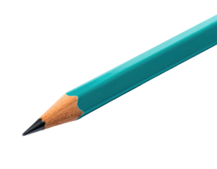 Close-up of a teal-colored, sharpened pencil tip with black graphite against black
