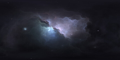 360 degree space nebula. Giant interstellar cloud with stars, equirectangular projection, environment map. Spherical panorama. 3D rendering, Fractal image