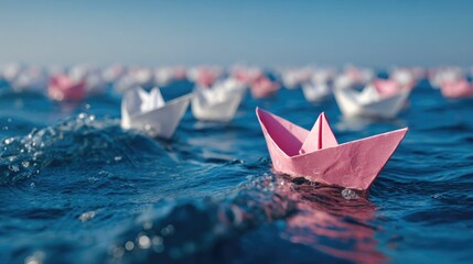 Pink paper boat floating on blue sea with many origami boats