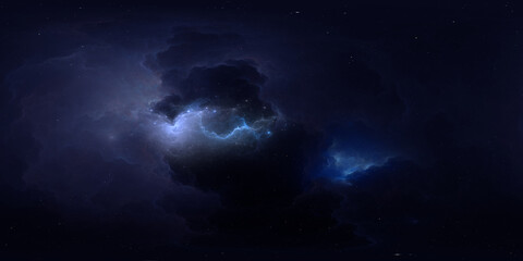 360 degree space nebula. Giant interstellar cloud with stars, equirectangular projection, environment map. Spherical panorama. 3D rendering, Fractal image