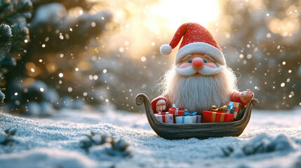 3d illustration funny cheerful Santa gnome with long white beard and red hat, sitting on a sleigh with presents, snowy landscape, twilight light,