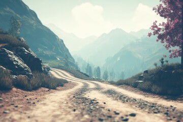 Misty mountain path winding through valley