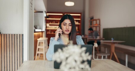 Phone call, laptop and woman in cafe for freelance feedback, news or discussion. Mobile, talk and journalist with computer for remote work, story source and fact check information in coffee shop
