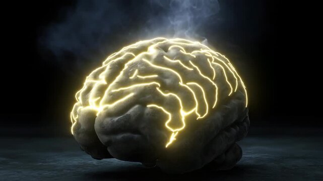 A brain is shown with a hole in it. The hole is surrounded by smoke. The brain is black. Conceptual of rotten brain covered in black toxic mold with fumes, dark symbolic decay