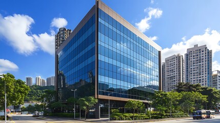 Fototapeta premium Simple rectangular office tower with reflective windows in a quiet business district