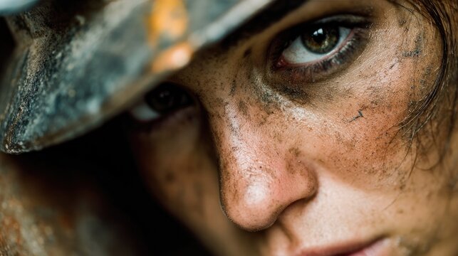 Close-up portrait of tired female worker with dirty face and blue eyes in helmet