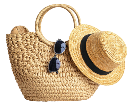 Woven beach bag with a straw hat and sunglasses, isolated on white background