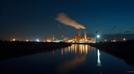 Industrial power plant emitting smoke at night reflecting on water
