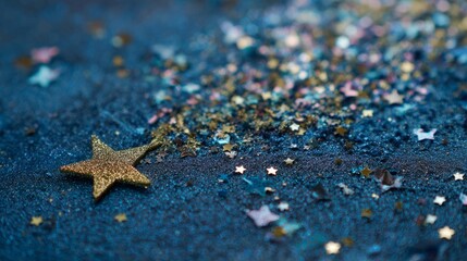 Sparkling confetti applique on dark blue glitter cardboard with shooting star and stardust effect, symbolizing dreams, celebration, and the magic of making a wish in a festive cosmic night background 