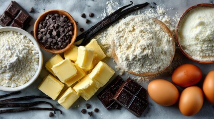 Ingredients for baking with butter, flour, eggs, chocolate and vanilla beans