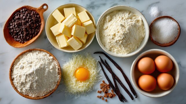 Baking ingredients with butter, flour, eggs, sugar, chocolate and vanilla
