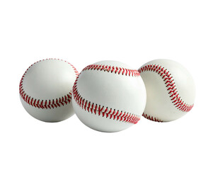 Three white baseballs with red stitching, arranged in a close, slightly overlapping row