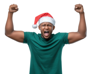 Happy indian man in green t shirt and santa hat celebrating christmas with excitement. Shouting for joy and victory with arms raised, portrait on an isolated background