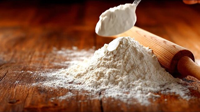 Baking preparation with flour rolling pin and spoon food ingredient